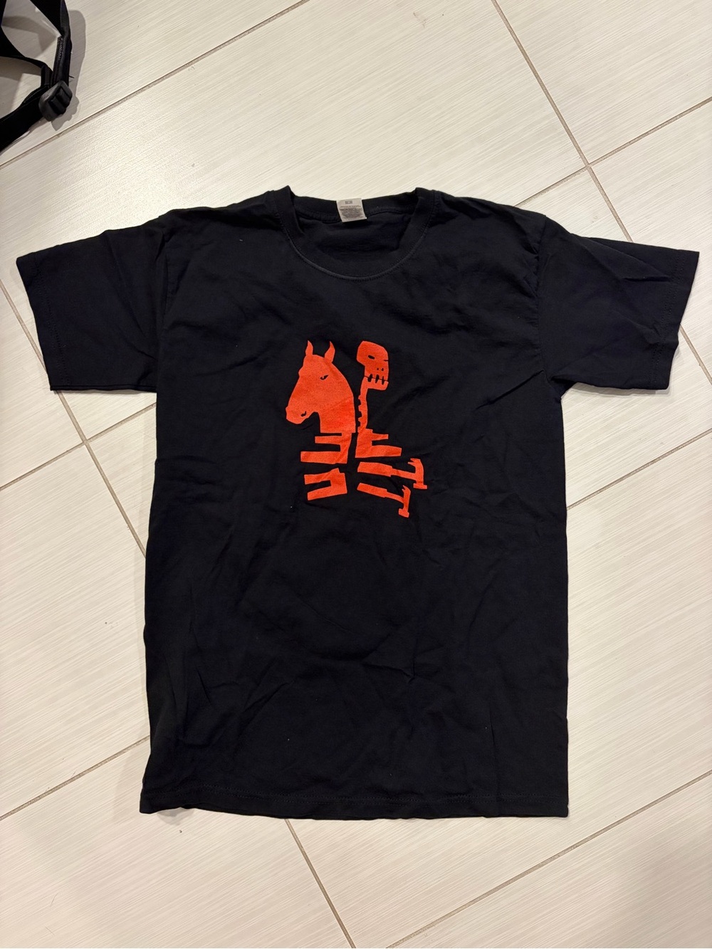 Black Short Sleeve Cotton Tee with Red Horse & Skeleton Metal Graphic